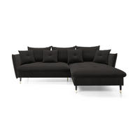 ECKSOFA GLAM mit Schlaffunktion, Ottomane & goldenen Füßen – Samtsofa im Glamour-Stil mit Zierkissen, 258x167x91 cm, rechte, schwarz - Schwarz, Holz/Textil (258/167cm) - DomoHome