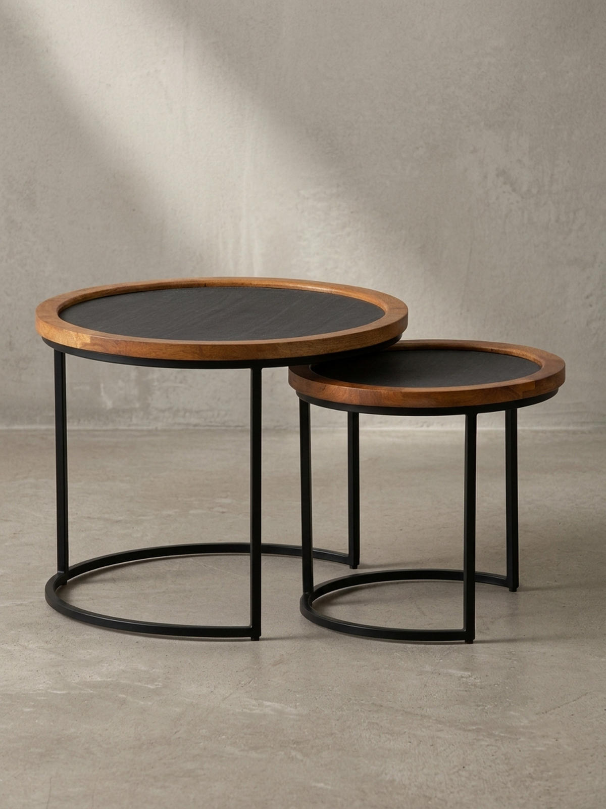 COUCHTISCH Set – 2-teilig Rund Mango Massivholz Steinoptik Metall Braun Anthrazit - Schwarz/Braun, Holz/Metall (60/60/46cm) - KADIMA DESIGN