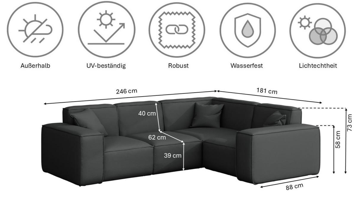 GARTENECKSOFA L-form MALIBU Stoff Odyssey Anthrazit Rechts - Anthrazit, Holz (246/73/181cm) - Kaiser Möbel
