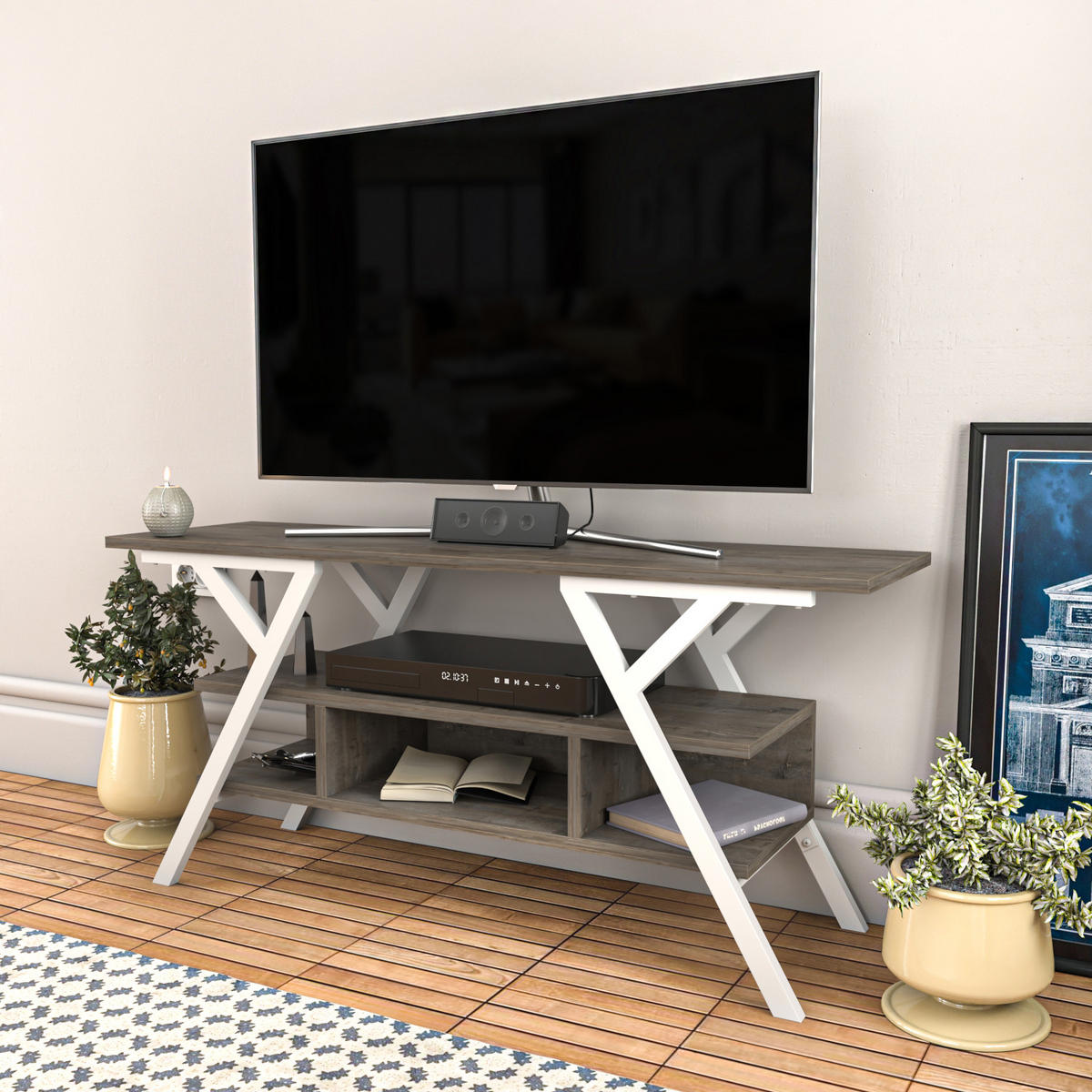 TV Stand Minerva Weiß Wenge - Alteiche, Holzwerkstoff (120/55/35cm) - Decorotika