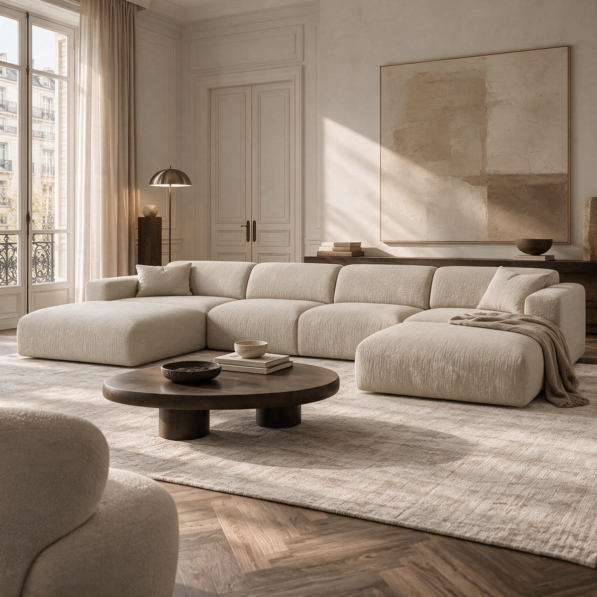 WOHNLANDSCHAFT Texturierter Samt Beige 356cm - Beige, Textil (356/73/166cm) - Sia Home