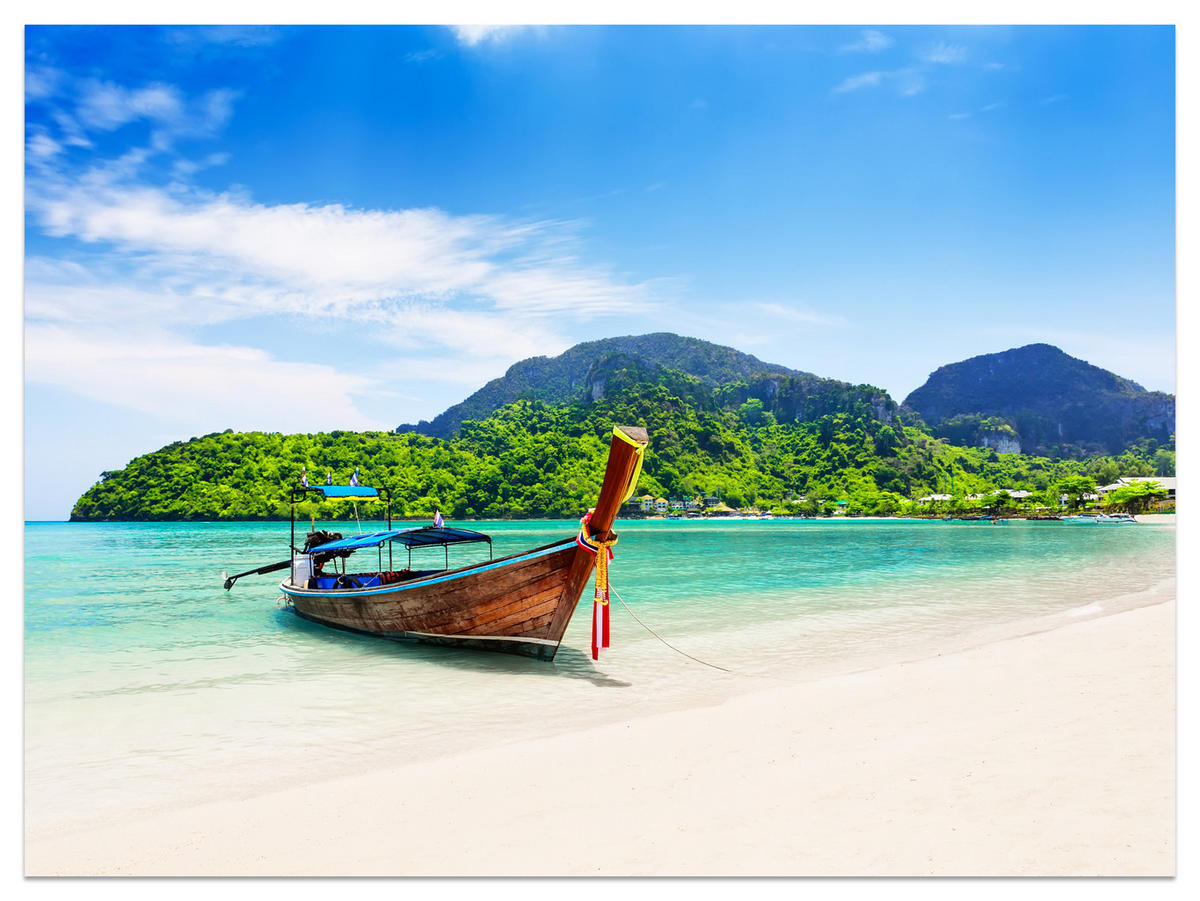 FOTOTAPETE für Schlafzimmer Boot Tropenstrand Palmen Meer 200x140 - Türkis/Blau, Papier (200/140cm) - Muralo