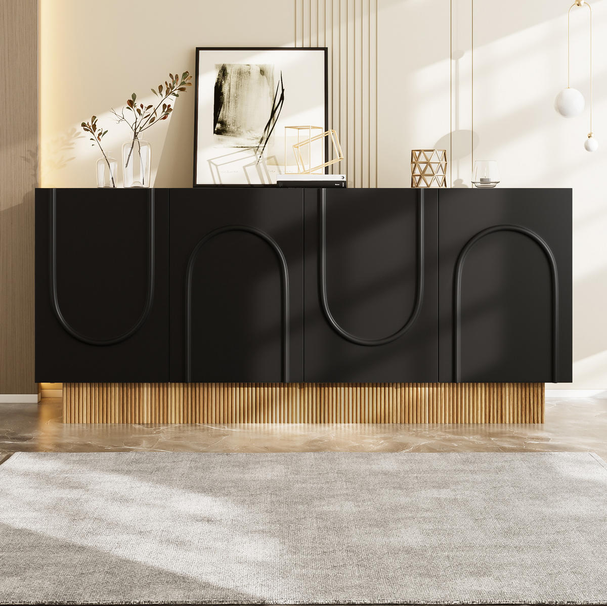 KOMMODE 160/75/38 cm Schwarz aus Spanplatte mit 4 Türen - Schwarz, Holzwerkstoff (38/75/160cm) - OKMYHOME