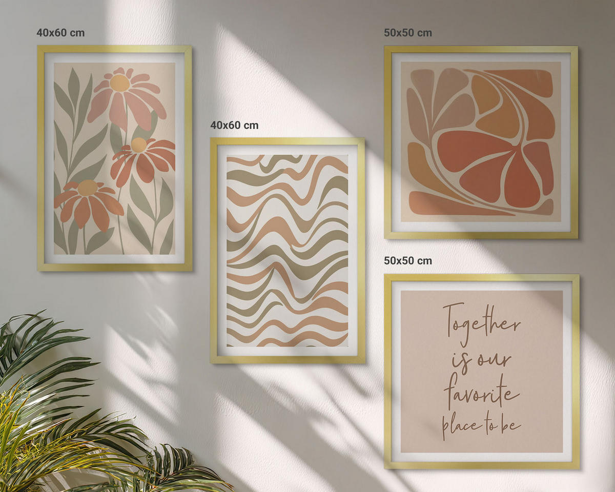 BILDER SET 4er Set - 50x50 cm & 40x60 cm Goldrahmen - Abstrakte Pastellblumen - Goldfarben, Kunststoff (50/50cm) - TULUP