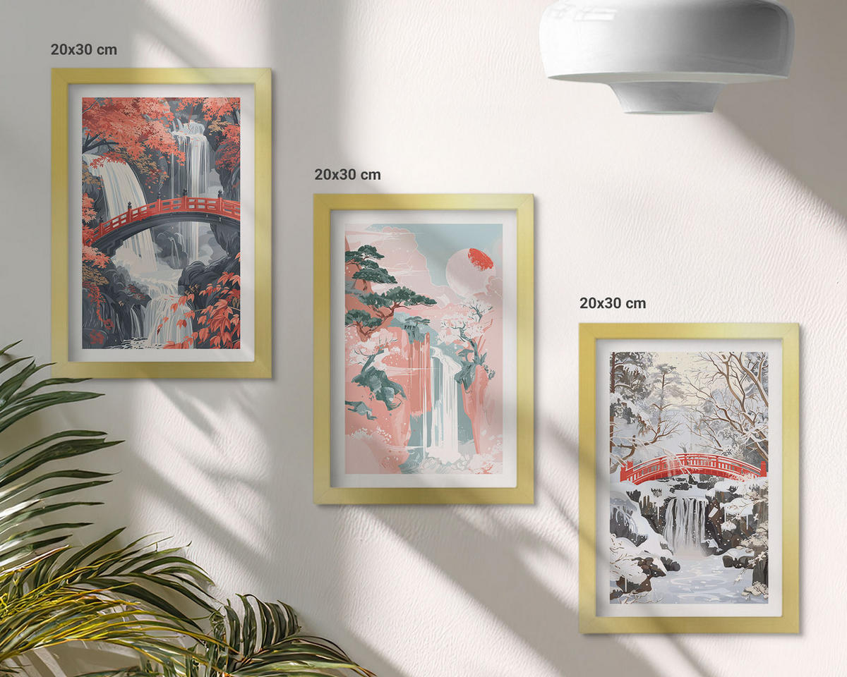 WANDBILDER 3er Set - 20x30 cm Goldrahmen - Wasserfälle der Jahreszeiten - Goldfarben, Kunststoff (20/30cm) - ArtPrintCave