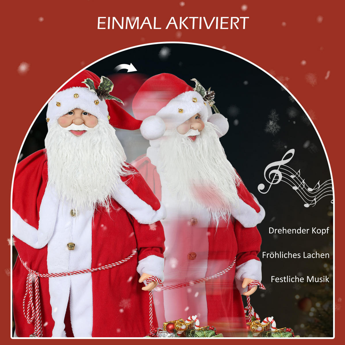 WEIHNACHTSMANN 1,4 m mit Geschenk- und Weihnachtsglocken, Soundfunktion - Rot, Kunststoff/Metall (21/140/55cm) - HOMCOM