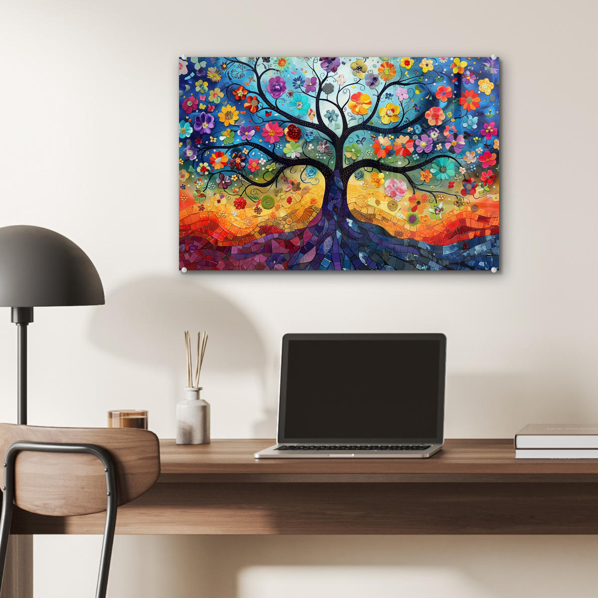 ACRYLGLASBILD Kunst - Baum des Lebens - Blumen - Hippie 60x40 cm - Dunkelblau, Glas (60/40cm) - MuchoWow
