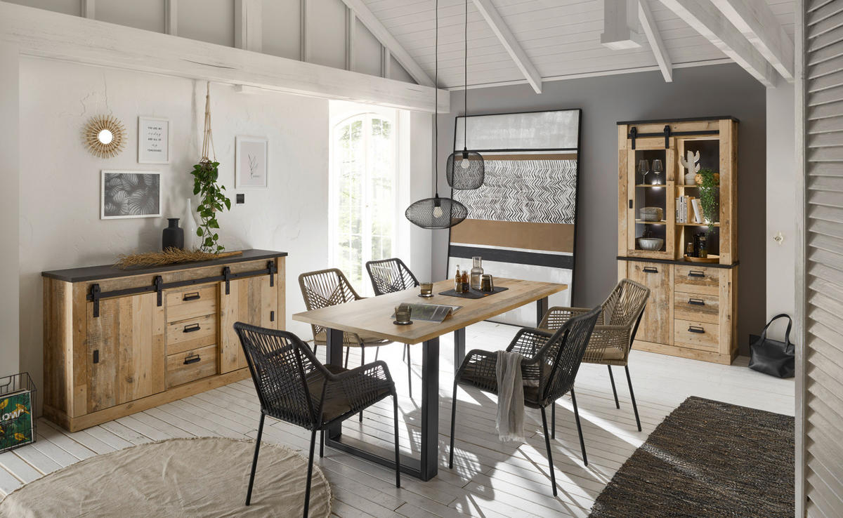 ESSZIMMER-SET Used Wood hell, anthrazit, Speisezimmer 3-teilig mit Esstisch, Vitrine Sideboard - Eichefarben/Anthrazit, Holzwerkstoff (275/201/80cm) - Furn.Design