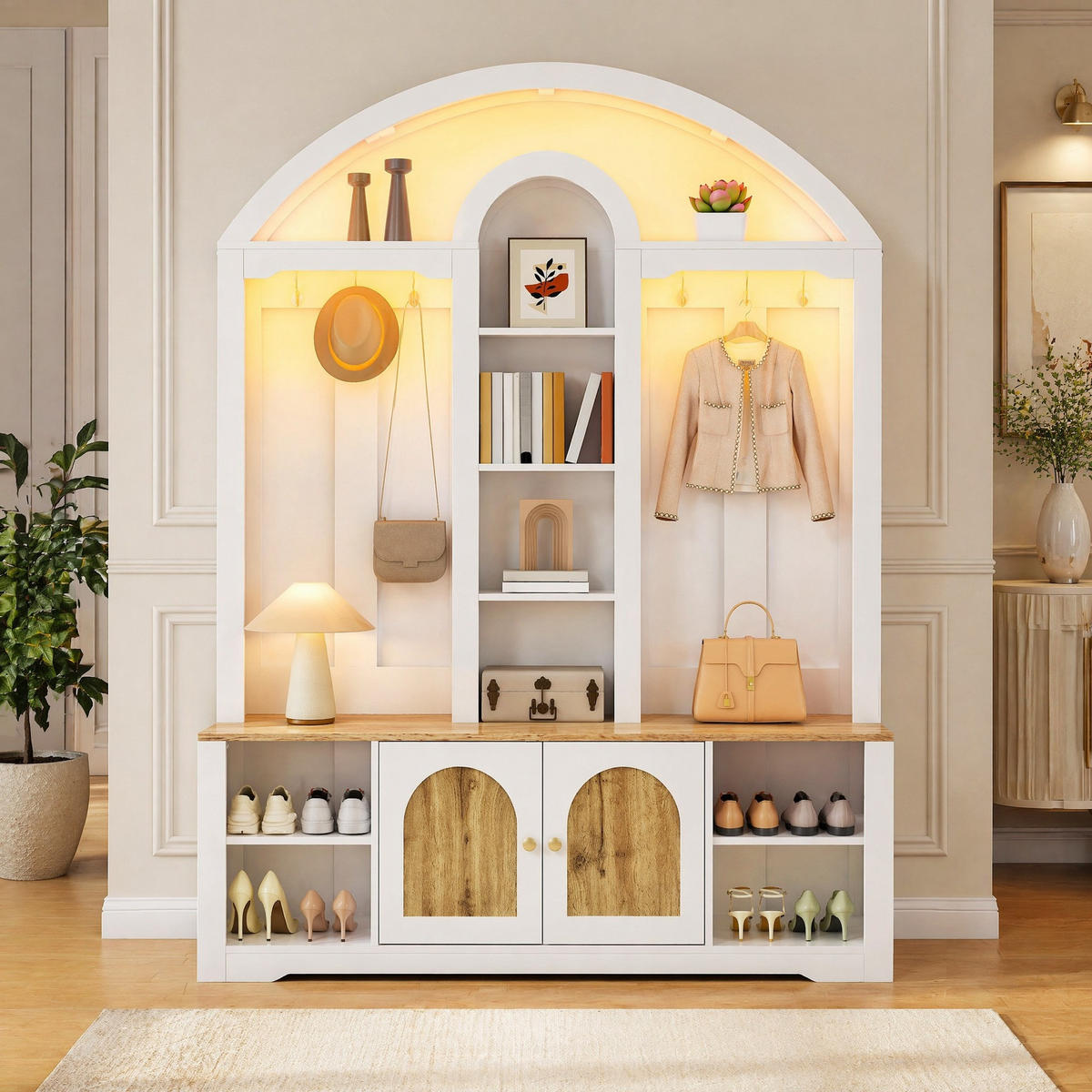 GARDEROBE-SET in Weiß mit Schuhregal, Ablagen und Haken für Flur und Eingangsbereich, B150/T40/H195 cm - Weiß, Holzwerkstoff/Metall (150/195/40cm) - STILVORA