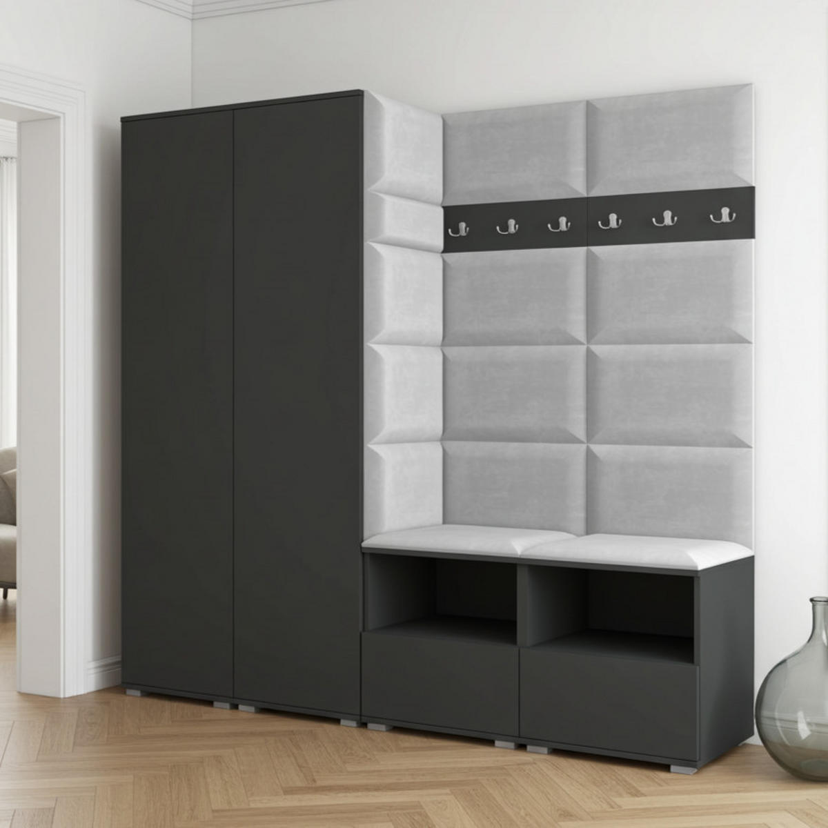 GARDEROBE NELA VI 200 cm (Kompaktgarderobe Graphit mit Sitzpolster Hellgrau 32 Schrank & Paneel) - Silberfarben/Hellgrau, Holz/Holzwerkstoff (200/187/40cm) - Ravio