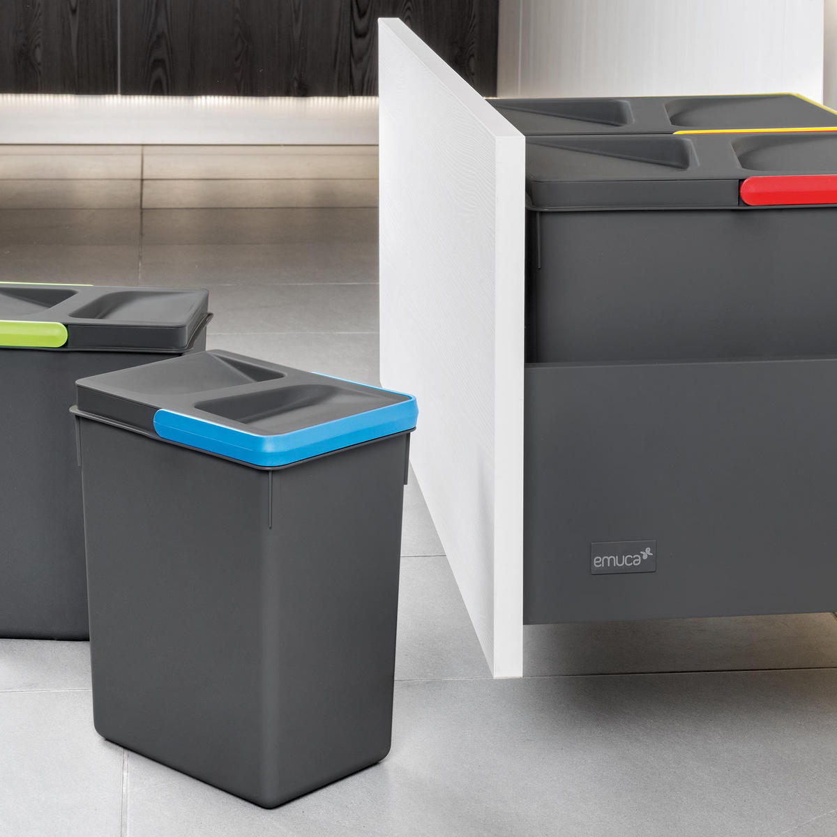 RECYCLINGBEHÄLTER für Küchenschublade mit Boden, Höhe 266mm, 2x15Liter, 2x7Liter, Modul 900mm, Kunststoff Anthrazitgrau 4er-set - Anthrazit, Kunststoff (53/30/86cm) - EMUCA