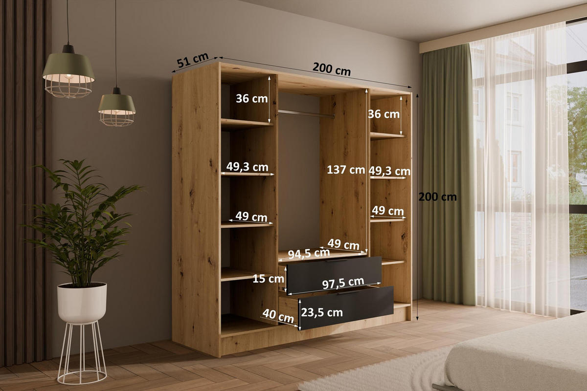 KLEIDERSCHRANK mit Spiegel und Flügeltüren KOLIN 200x200cm Artisan/Schwarz - Schwarz/Eiche Artisan, Holzwerkstoff (200/200/51cm) - ALTDECOR