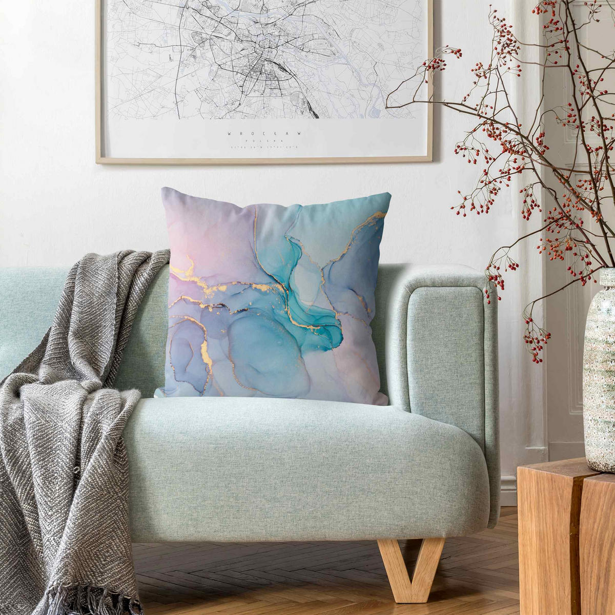 DEKOKISSEN Aquarell Pastell Türkis mit Gold 40/40 cm - Pastellblau, Textil (40/40/10cm) - Bilderwelten