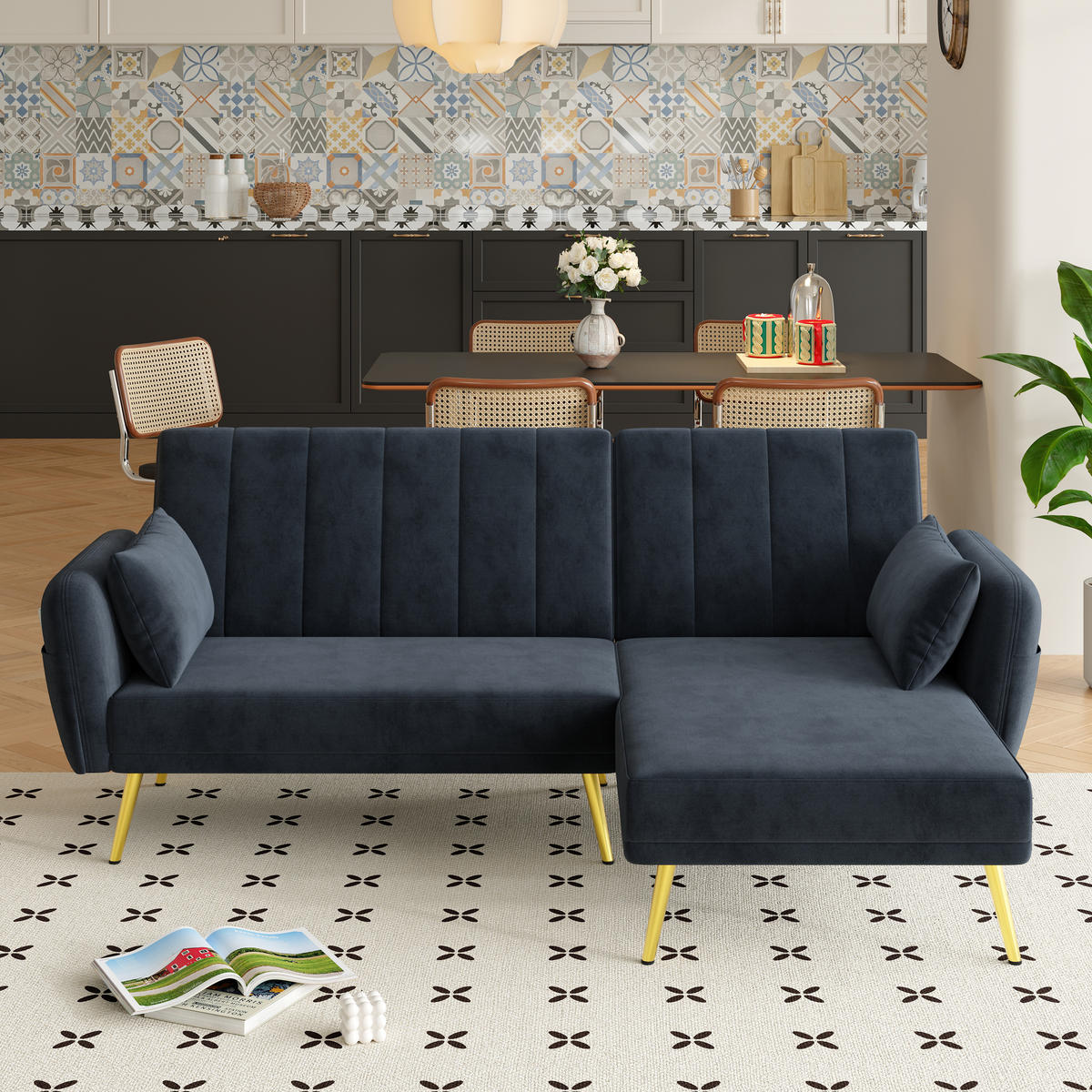 ECKSOFA L-Form Klappbett mit Zusatzecke Schlaffunktion Modern Schwarz - Schwarz, Holz (110.49/70.99cm) - FLIEKS