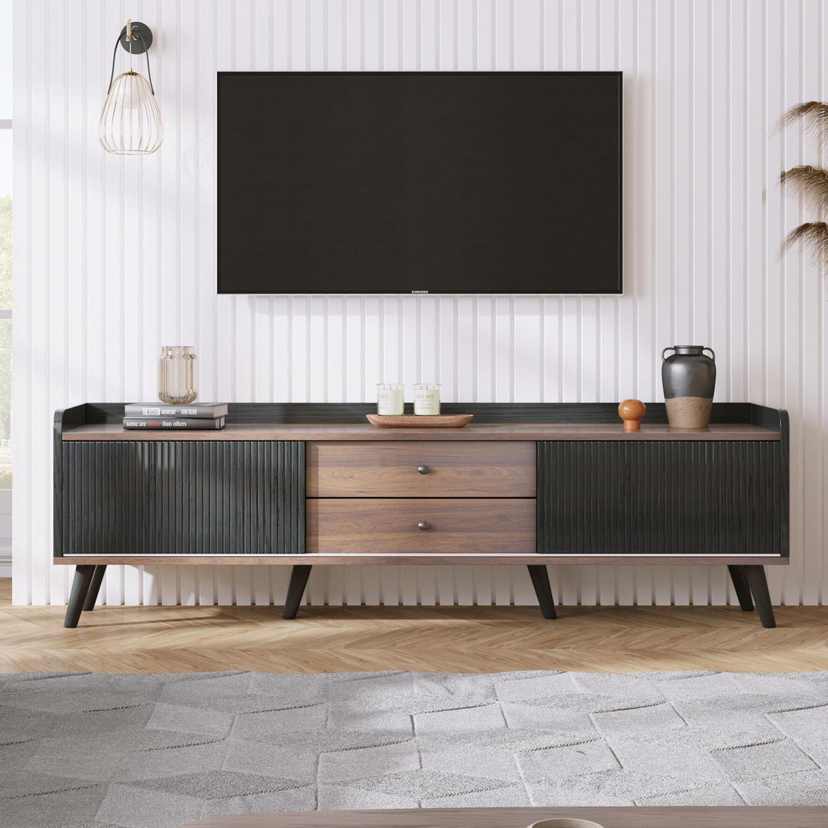 TV ormarić 160/40/58 cm crni i u boji prirodnog drva od iverala s kliznim vratima i 2 ladice - crna, drvni materijal (160/58/40cm) - OKWISH