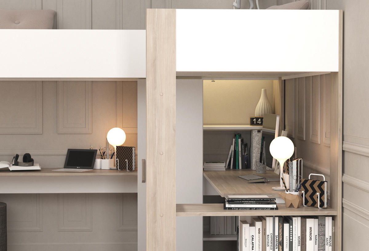 HOCHBETT weiß, Eiche, Kinderzimmer mit 2x Bett Liegefläche 90 x 200 cm - Eichefarben/Silberfarben, Holzwerkstoff/Kunststoff (90/200cm) - Parisot Meuble