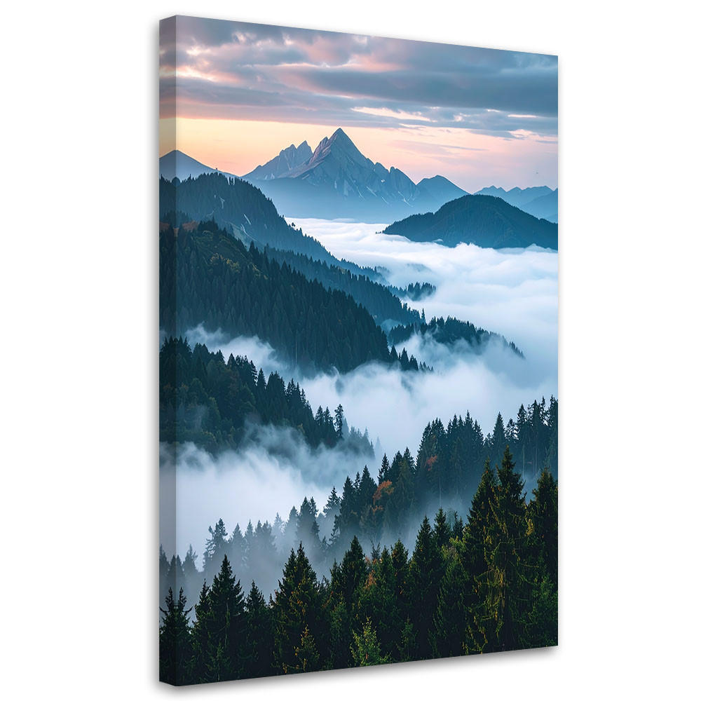 LEINWANDBILD Landschaft Aussicht Berge Wald Nebel Natur 80x120cm - Blau, Textil (80/120cm) - Feeby