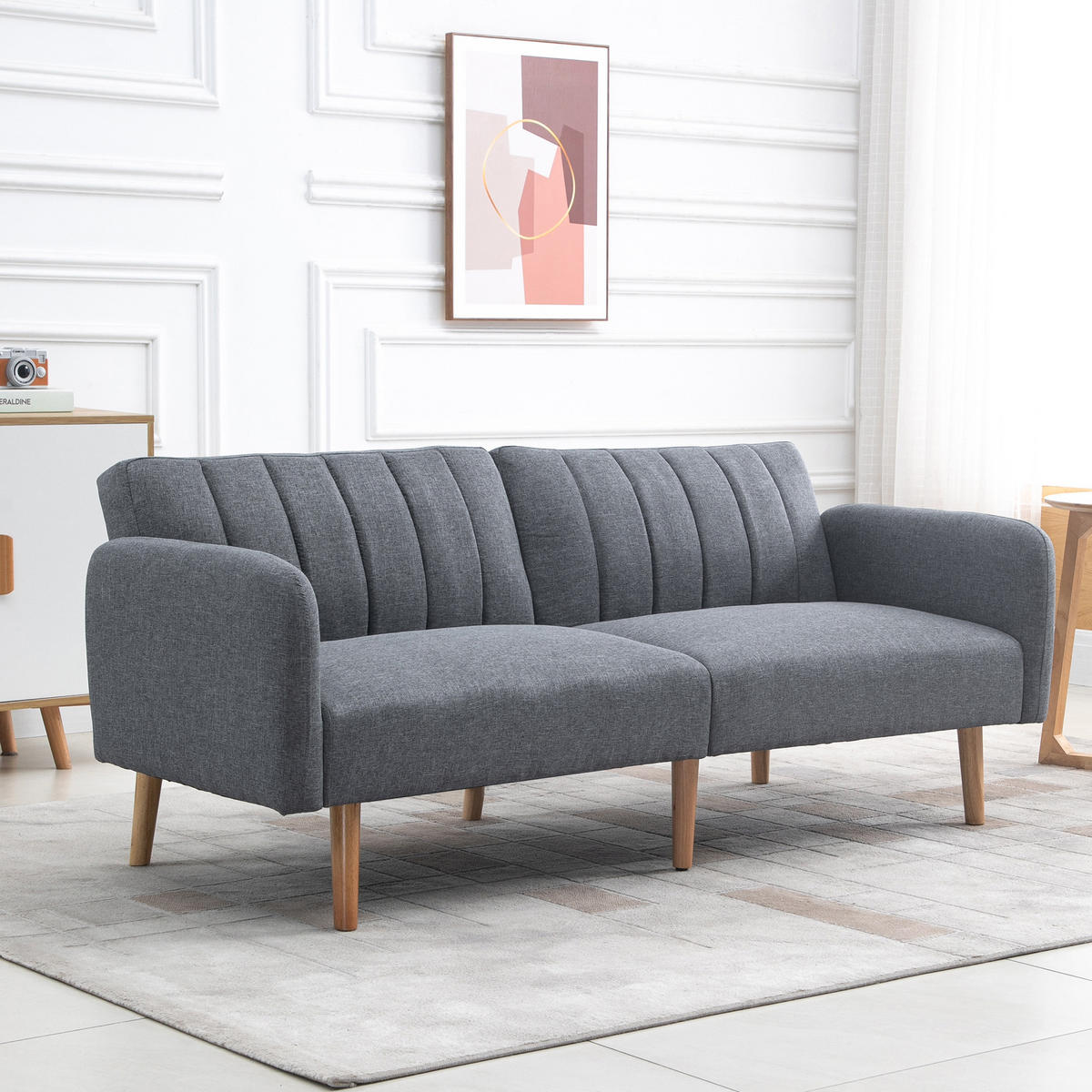 SCHLAFSOFA Klappsofa 2-Sitzer Stoffsofa Sofa mit Schlaffunktion Leinen-Touch - Naturfarben/Grau, Holz/Textil (75/73/173cm) - HOMCOM