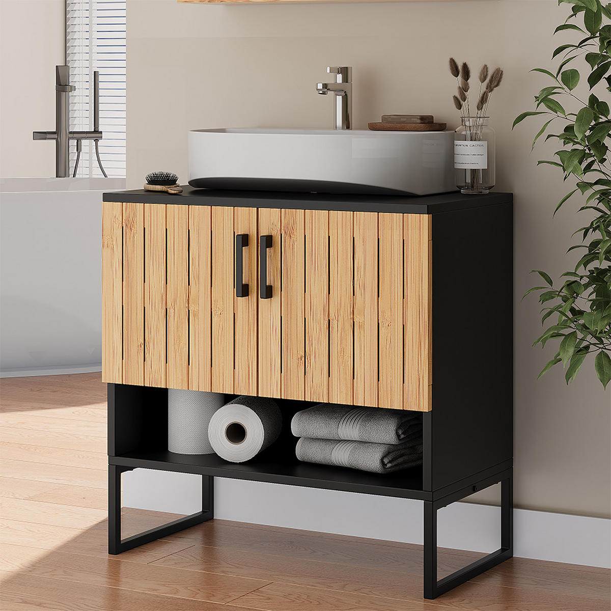 WASCHBECKENUNTERSCHRANK Vayra Bambus 60 x 65.5 cm - Schwarz/Grün, Holzwerkstoff (60/65.5/33cm) - Vicco