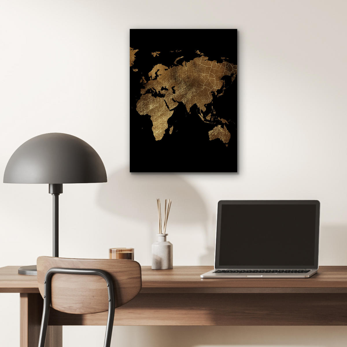 KOVOVÝ OBRAZ Mapa sveta - Zlato - Luxus - Zem - Čierna 30x40 cm - zlatá, kov (30/40cm) - MuchoWow