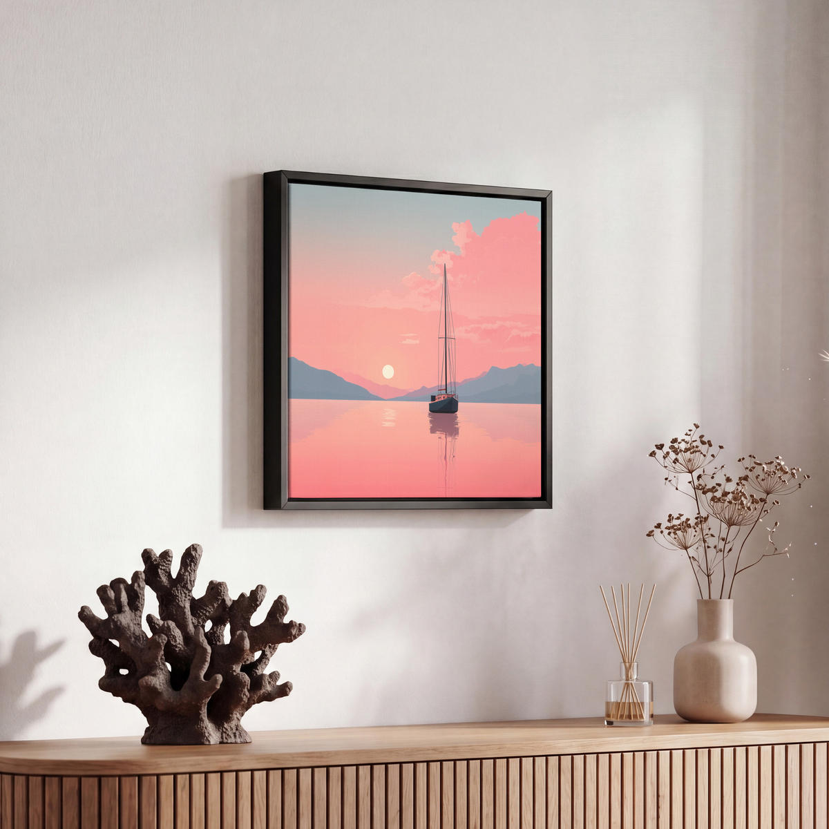 LEINWAND Bilder mit Rahmen - Segelboot - Rosa Meer - Sonnenuntergang - Berge - 20x20 - Rosa, Textil (20/20cm) - OnlyWow