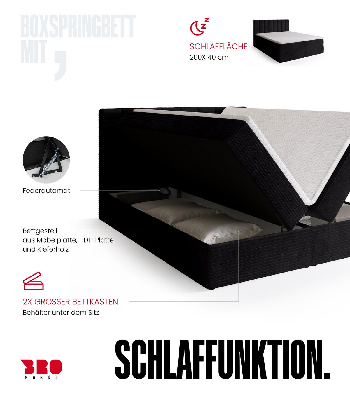 BOXBETT DENVER mit Topper 140x200 Schwarz - Schwarz, Textil (140/200cm) - Bromarkt