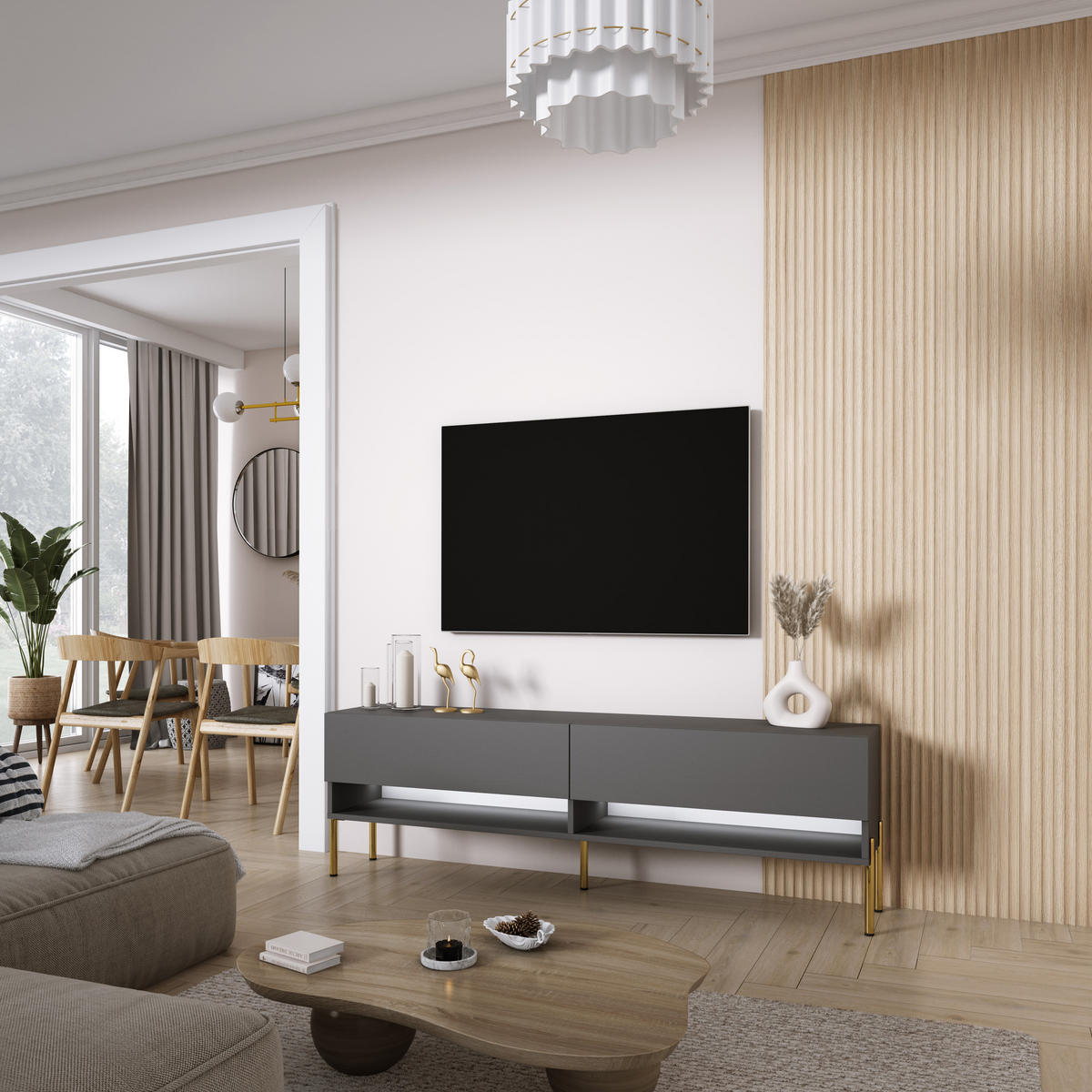 TV-LOWBOARD 170 cm Anthrazit, gerade goldene Beine, weiße LED, 170 × 32 × 52 cm - Grau, Holzwerkstoff (170/52/32cm) - 3XE LIVING