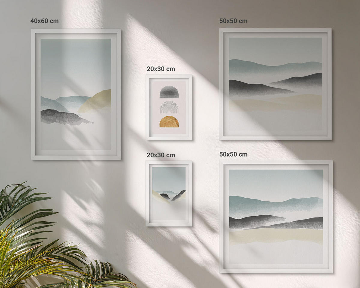BILDER SET 5er Set - 50x50 cm & 20x30 cm & 40x60 cm Weißer Rahmen - Wellen – Japanische Kunstgrafik - Weiß, Kunststoff (40/60cm) - TULUP