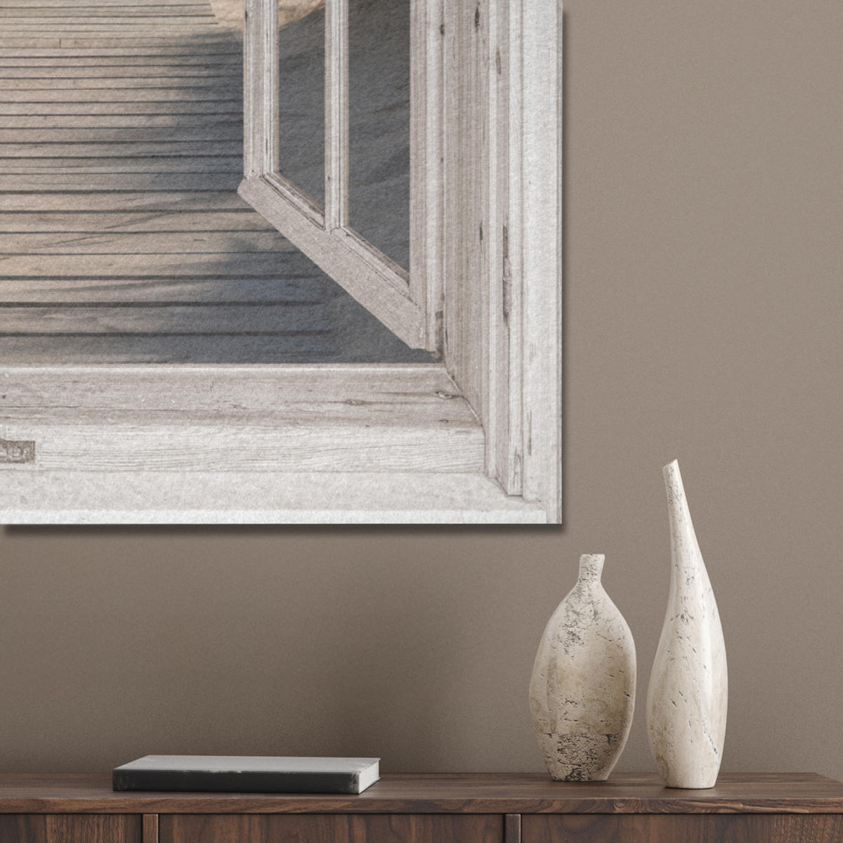 AKUSTIKPANEEL Fenster - Meer - Küste - Natur - Ausblick - Strand - Wattenmeer 70x100 cm - Beige, Textil (70/0.9/100cm) - MuchoWow