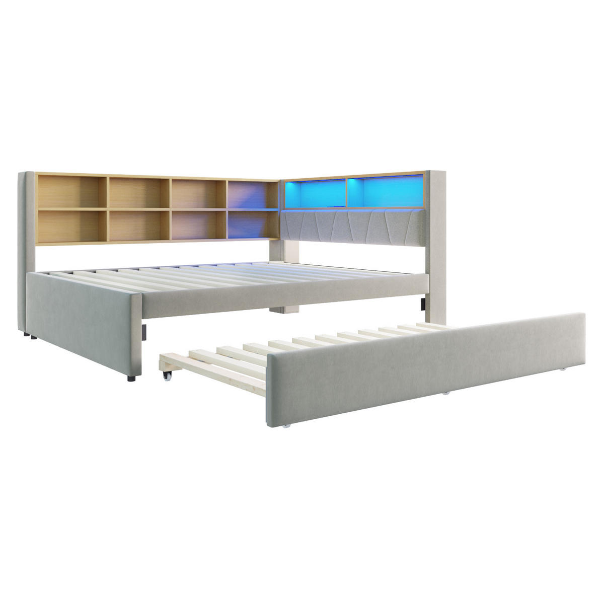 KREVET od flanela 140/200 cm s izvlačnim ležajem 90/190 cm, LED osvjetljenjem i pretincima, Svijetlosiva - svijetlo siva, tekstil (213/98/153cm) - Redom