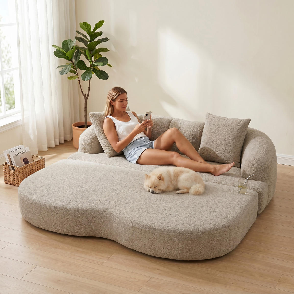SCHLAFSOFA, 2 Sitzer aus Chenille, Klappsofa Bodensofa mit Schlaffunktion, Khaki - Braun, Textil (157/44/153cm) - LVHOM