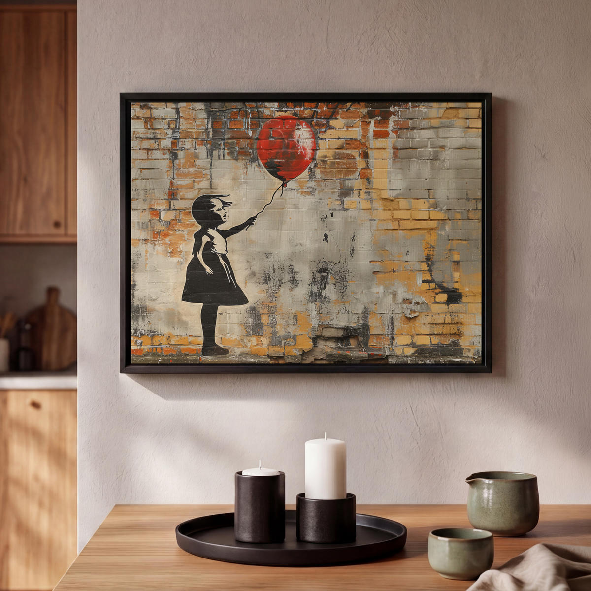 LEINWAND Bilder mit Rahmen - Graffiti - Banksy - Mädchen - Straßenkunst - 40x30 - Sandfarben, Textil (40/30cm) - MuchoWow