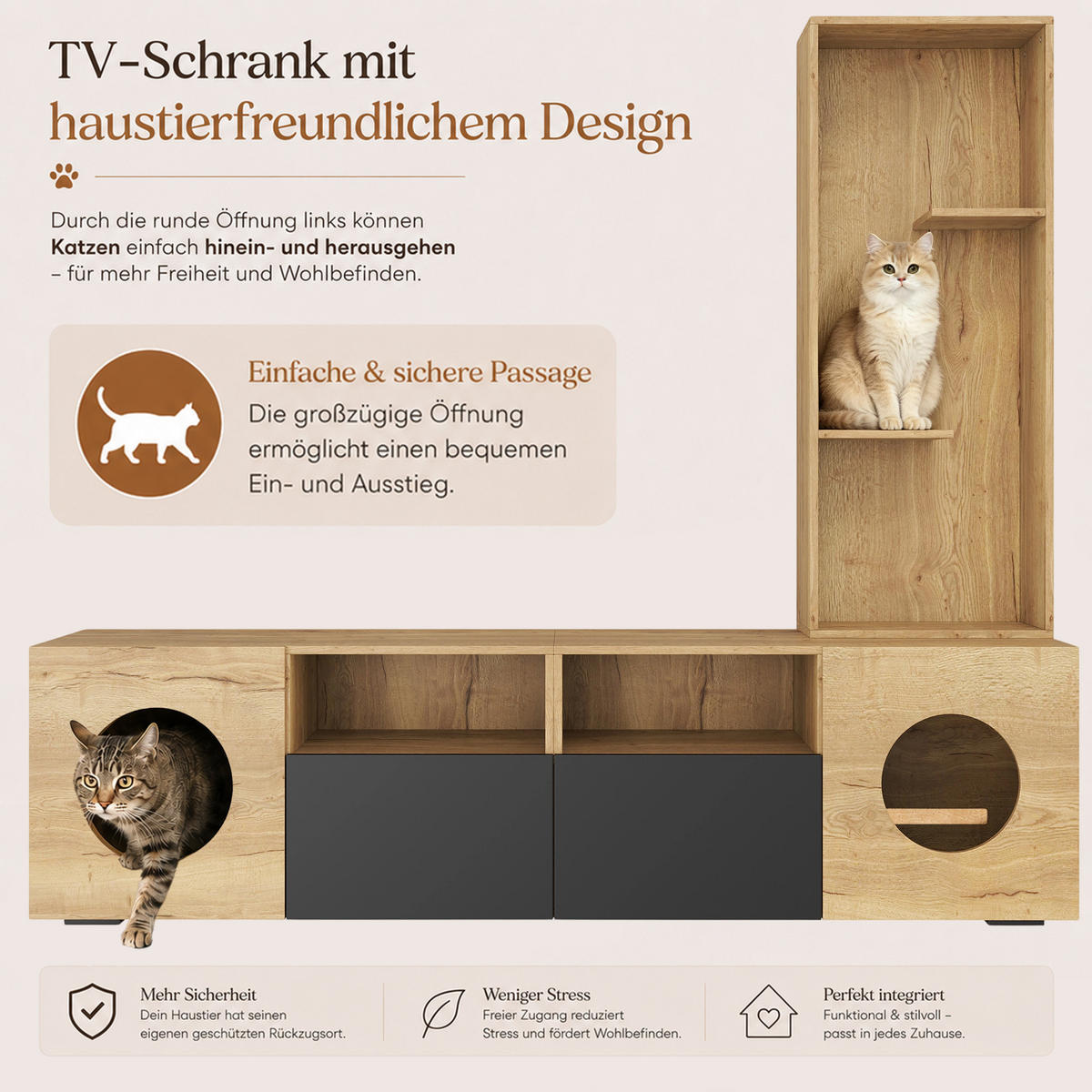 LOWBOARD mit Katzenhöhle und Regal, 185/40/162cm, Holzoptik, Schwarz - Eichefarben, Holz (185/162/40cm) - LVHOM