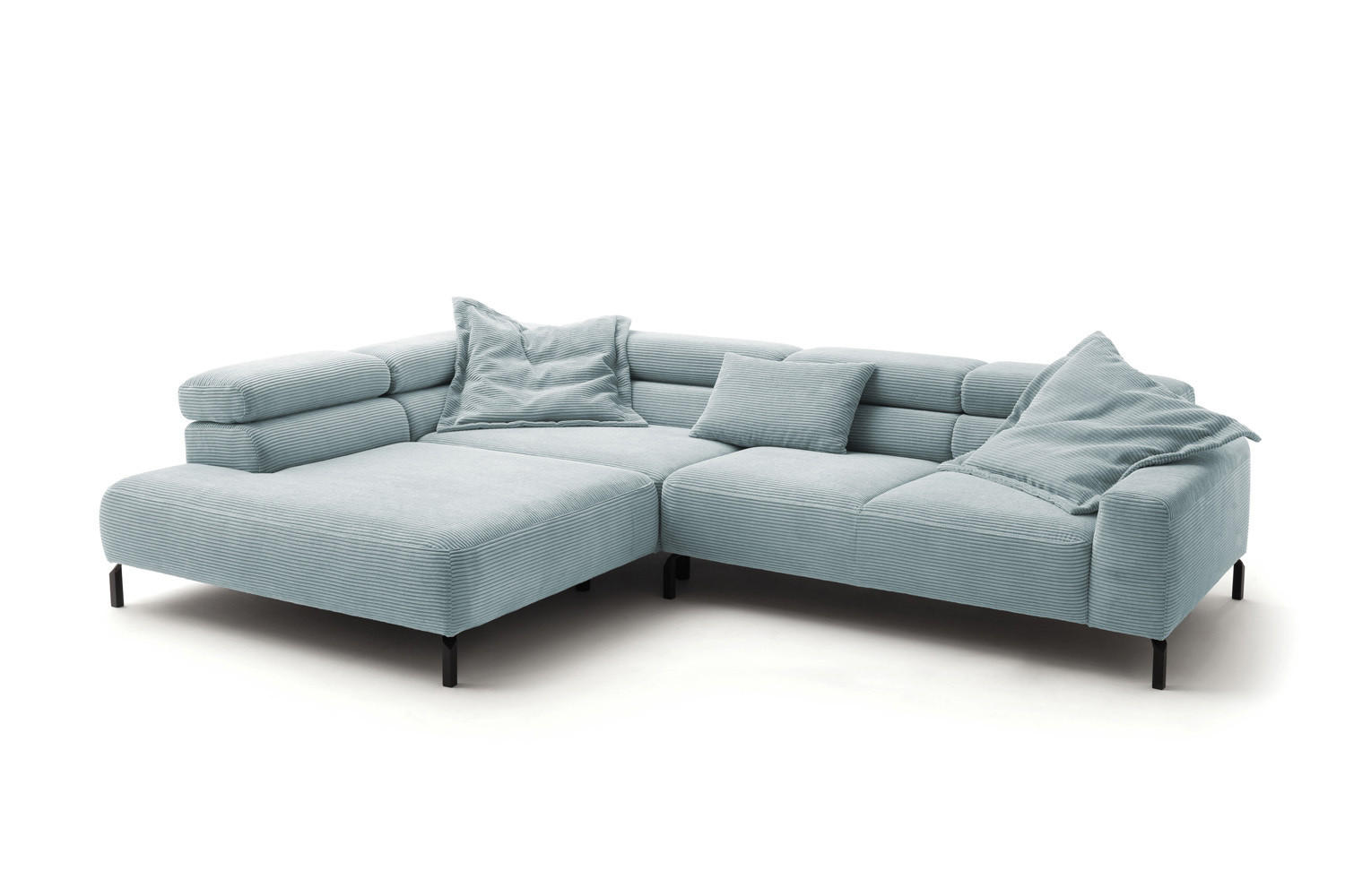 ECKSOFA DELIA Hellblau Cord Relaxfunktion - Schwarz/Hellblau, Textil/Metall (276/219cm) - KAWOLA