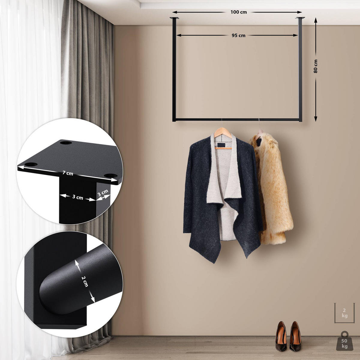 KLEIDERSTANGE Ben Deckenmontage 100x7x80cm Metall Schwarz Industrie-Design - Schwarz, Metall (7cm) - DELUKE