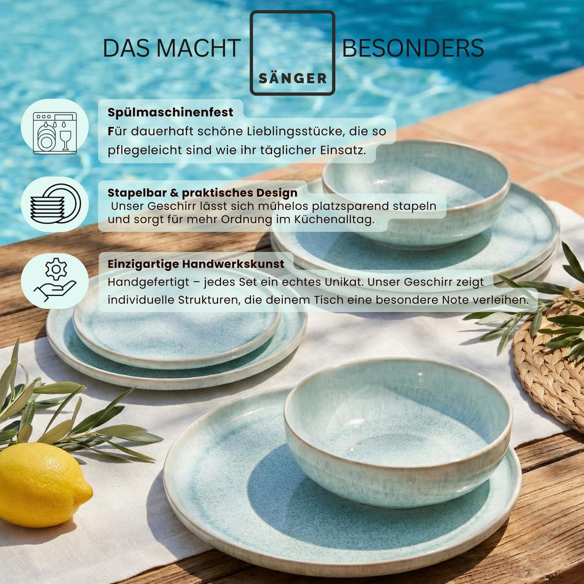 TAFELSERVICE PAROS - 12 teilig aus Steingut - Türkis, Stein (27.5/5/27.5cm) - Sänger