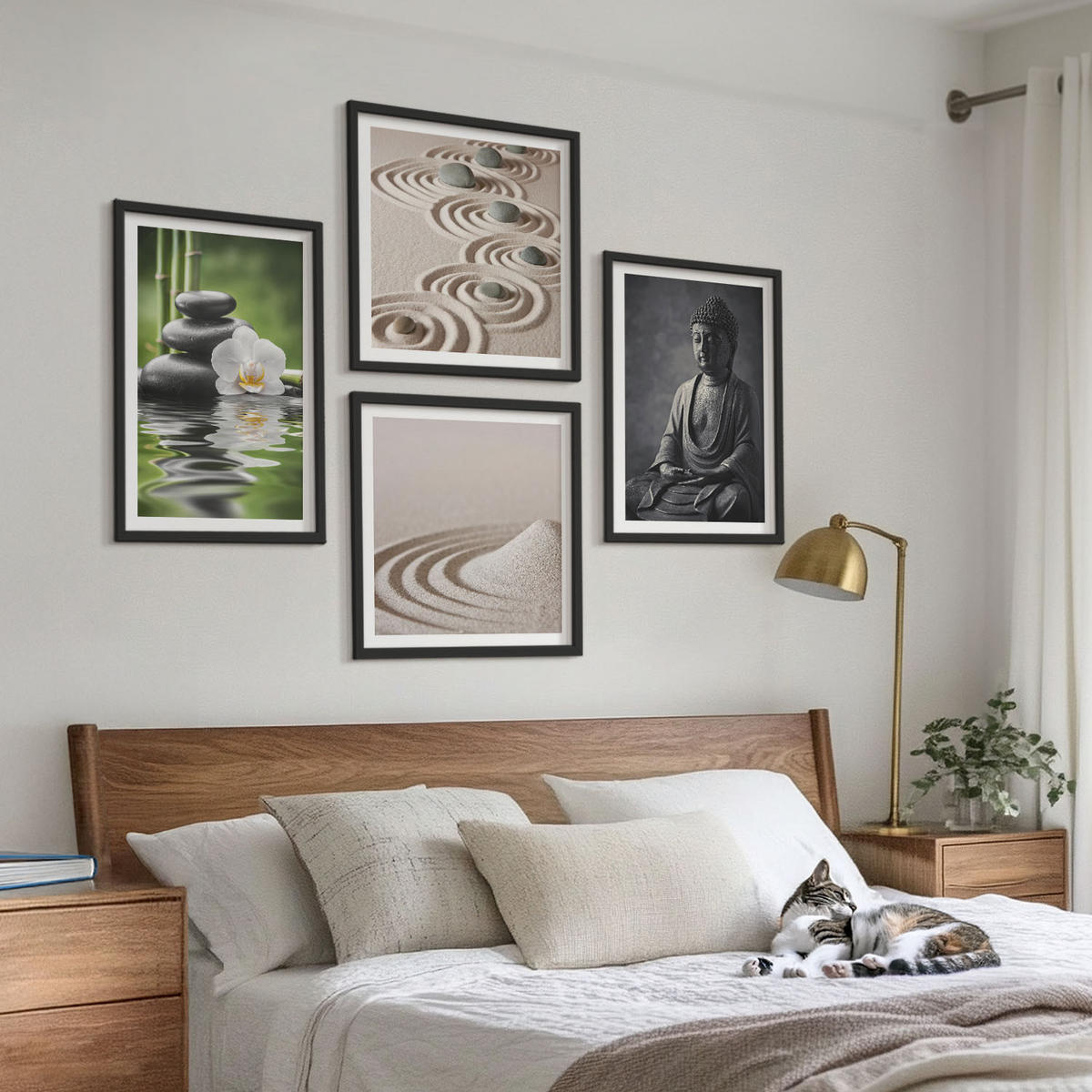 WANDBILDER 4er-Set - 50x50 cm & 40x60 cm Schwarzer Rahmen - Ein entspannter Buddha am Strand - Schwarz, Kunststoff (50/50cm) - ArtPrintCave