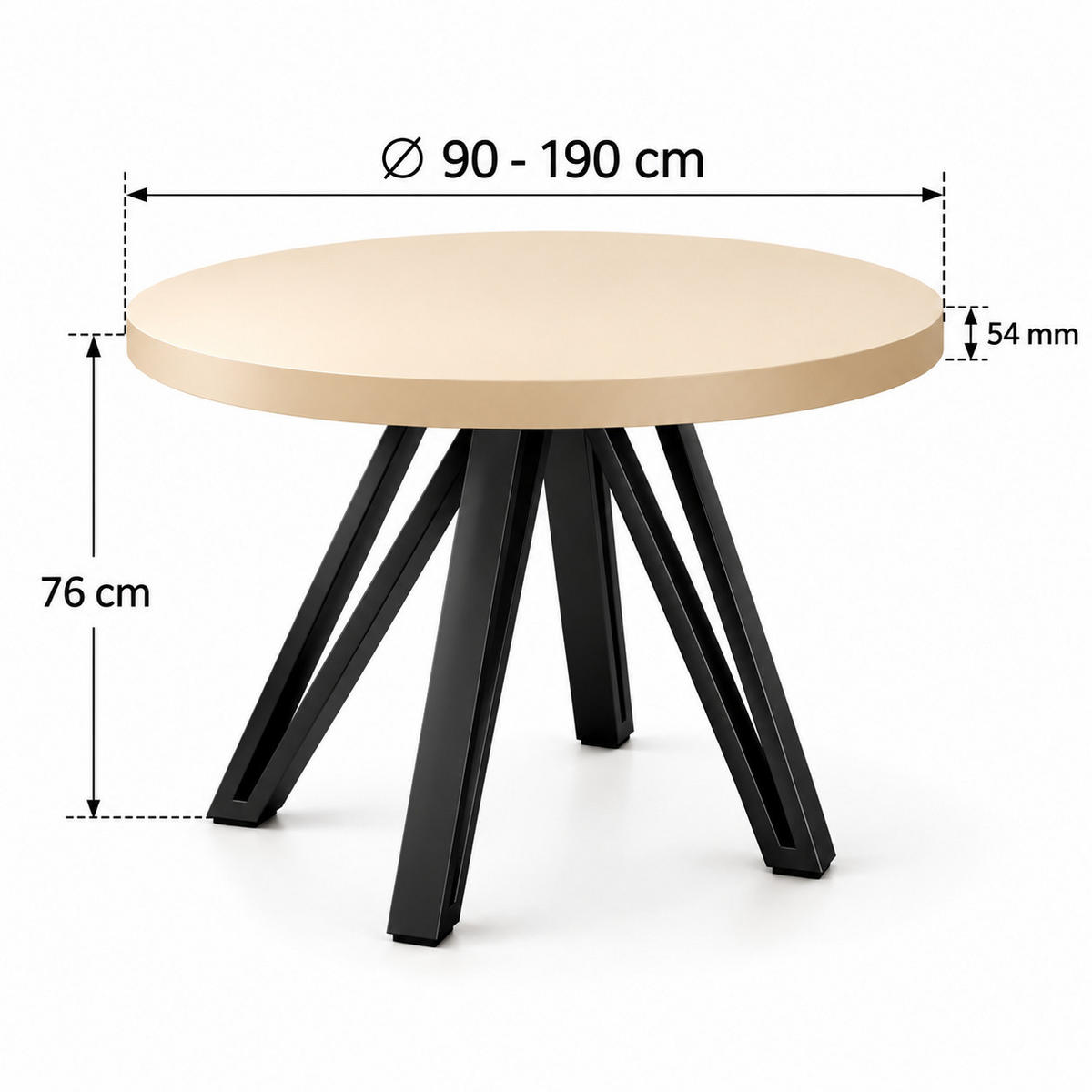 ESSTISCH rund ausziehbar 90/190/76 cm, Kaschmir, 54 cm Tischplatte + Industrial Metallgestell Schwarz - Kaschmir/Schwarz, Holzwerkstoff/Metall (90/190/76cm) - Damale Möbel