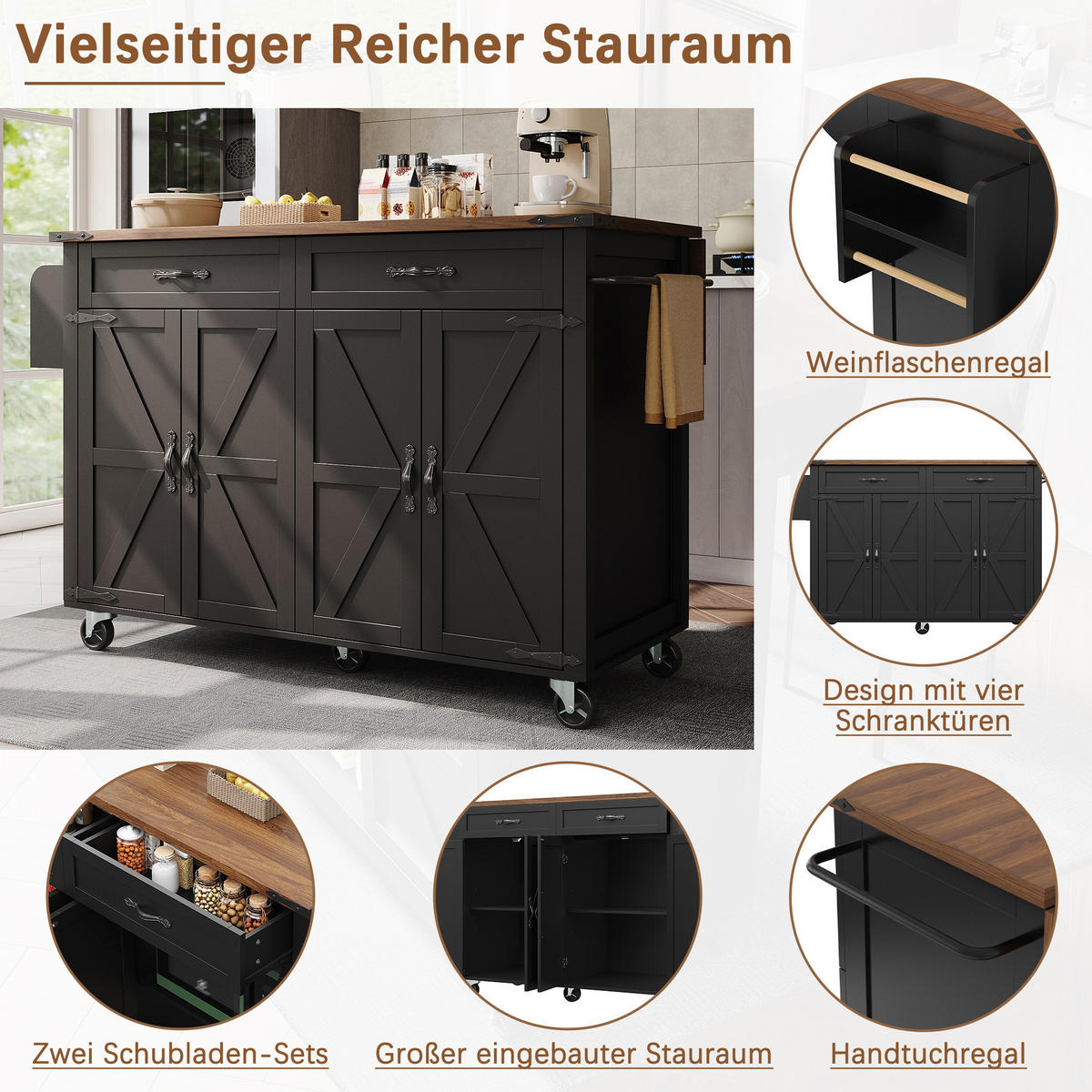 KÜCHENINSEL 140/72/93 cm Schwarz mit Klappplatte, 2 Schubladen und Gewürzregal - Schwarz, Holz/Holzwerkstoff (140/92/73cm) - Oxeza