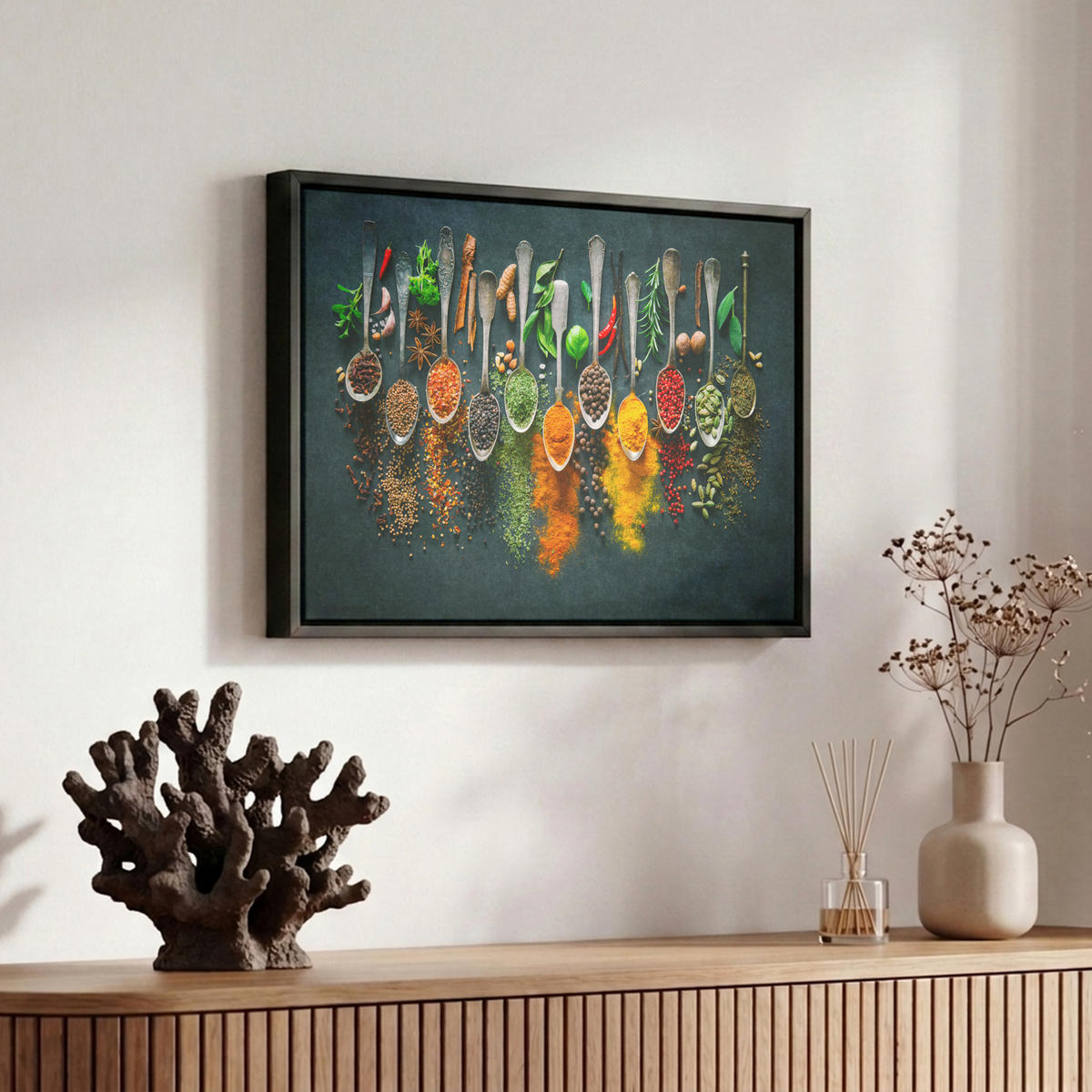 LEINWAND Bilder mit Rahmen - Kräuter - Gewürze - Löffel - 30x20 - Currygelb, Textil (30/20cm) - MuchoWow
