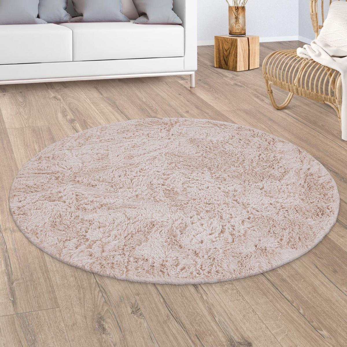 TEPPICH Hochflor Shaggy waschbar Unifarben Schlafzimmer schmutzabweisend Creme Rund 80D - Beige, Textil (80/80cm) - KADIMA DESIGN