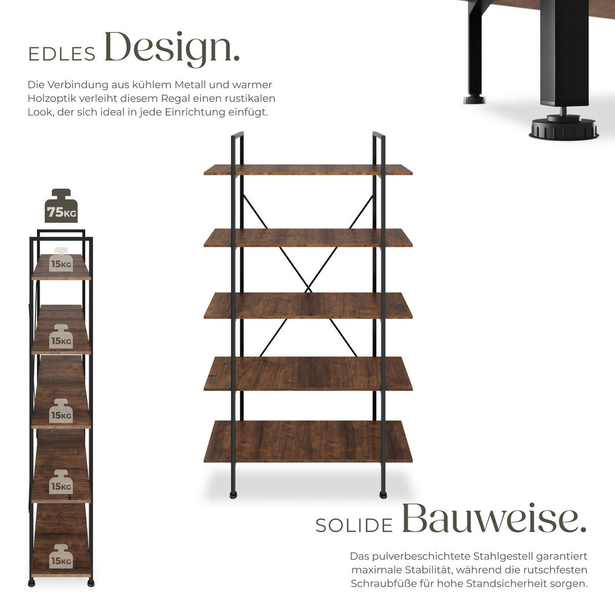 REGAL Glasgow,inklusive Kippschutz, 106 x 34,5 x 179,5 cm,Industrial Holz dunkel, rustikal - Rostfarben, Holz (34.5/179.5/106cm) - tectake