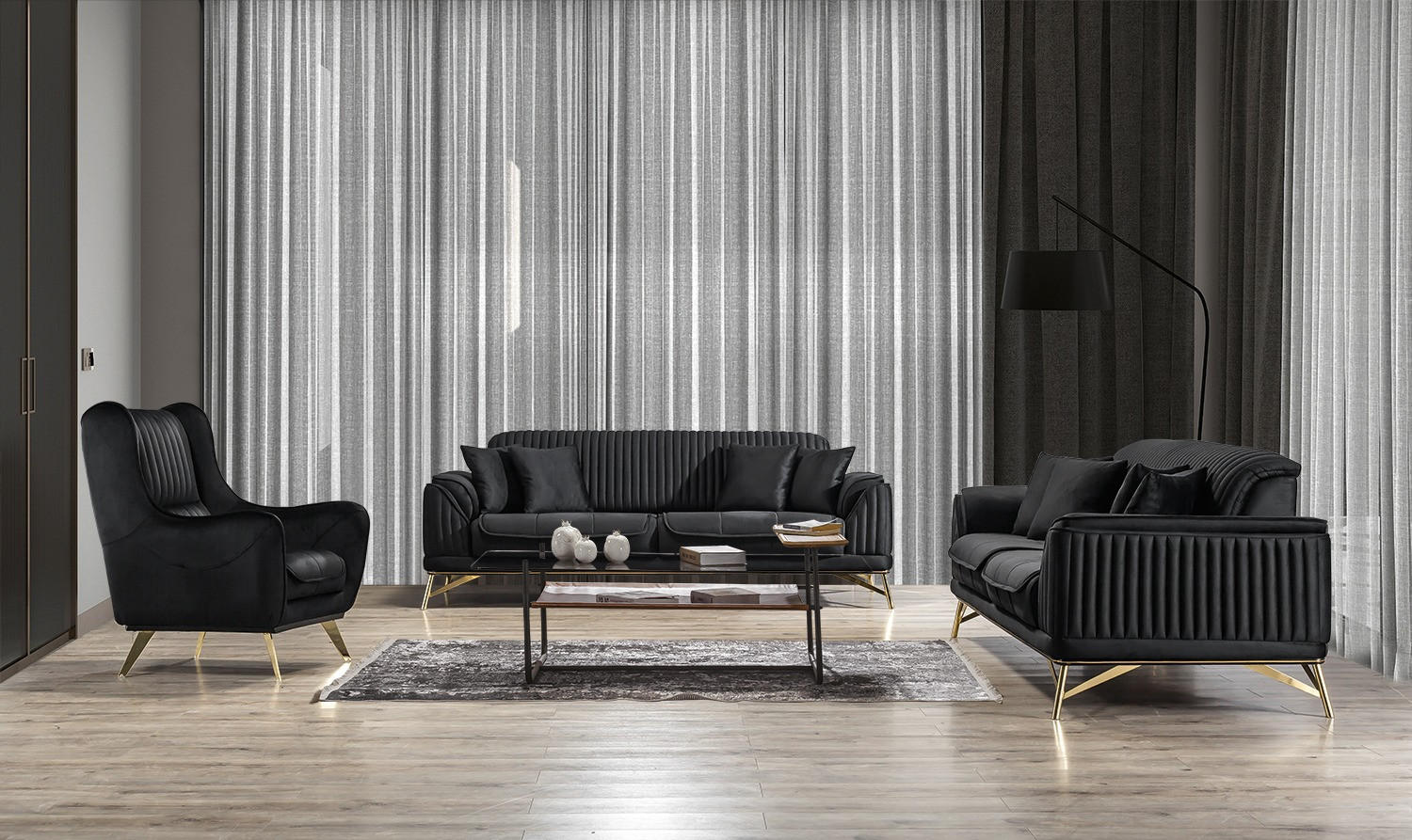 Thumbnail - Villa Möbel Sitzgarnitur, Schwarz, Holz, 5-Sitzer, 187x85x100 cm, Wohnzimmer, Sofas & Couches, Sitzgarnituren