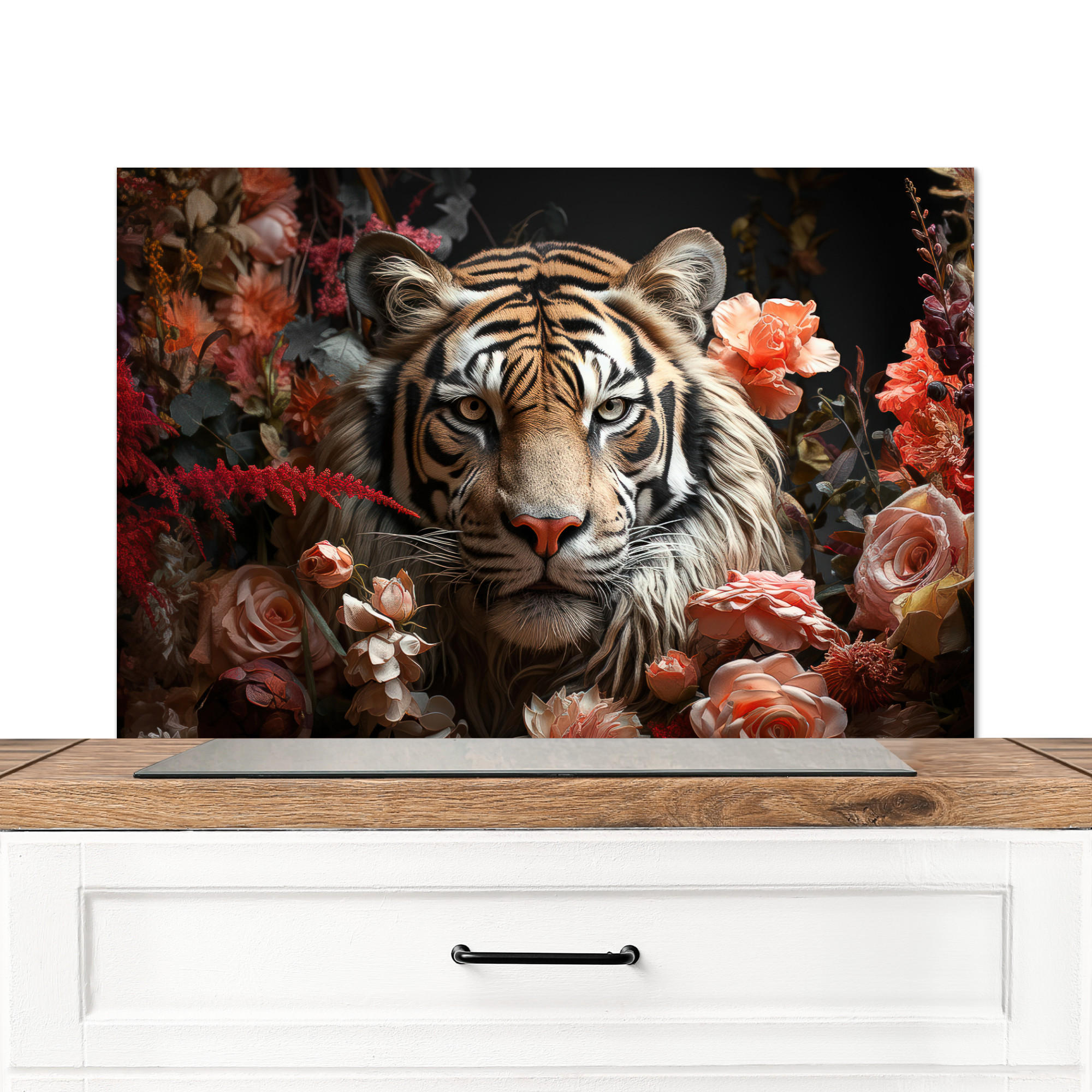 SPRITZSCHUTZ KÜCHE Tiger - Tier - Natur - Floral - Botanisch 90x60 cm - Orange, Metall (90/0.3/60cm) - MuchoWow