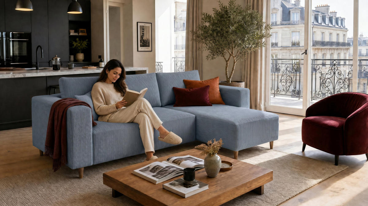ECKSOFA RIO mit Schlaffunktion und Bettkasten, Farbe: Blau, Cordstoff, Ottomane Universal - Blau, Textil (249/142cm) - Marpur
