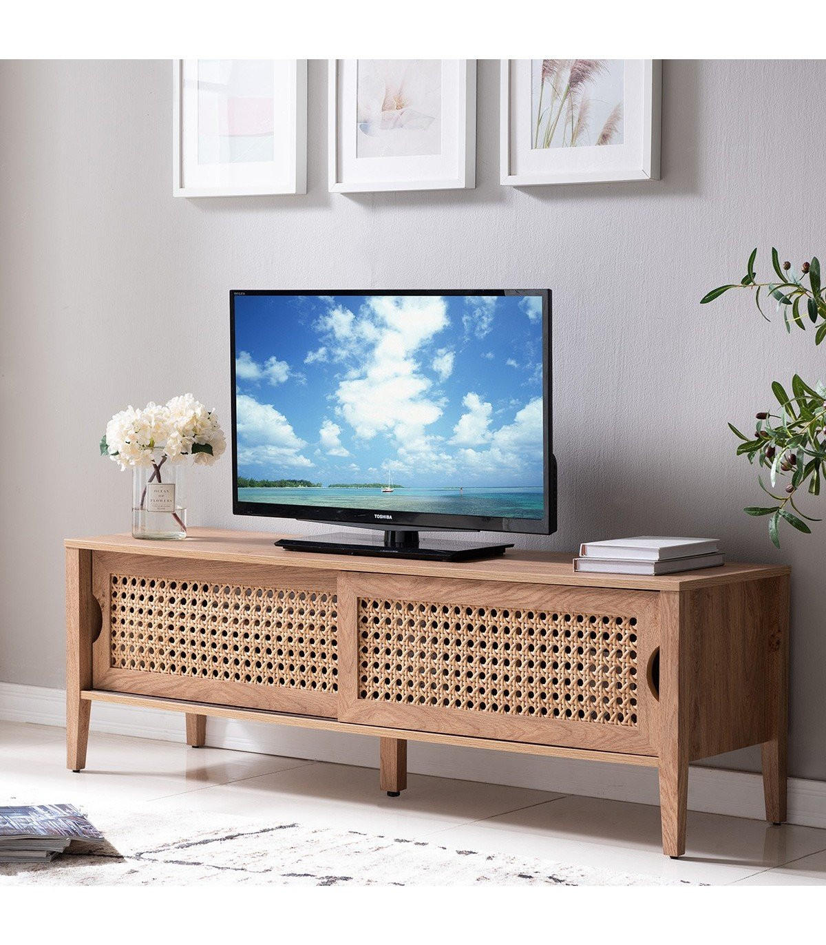 TV-MÖBEL mit 2 Schiebetüren Rattan-Dekor - L138 cm - Apfelbaumfarben, Holzwerkstoff (39.6/45.5/138cm) - Calicosy