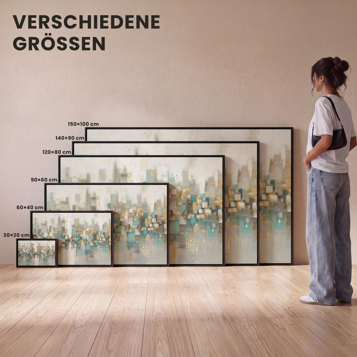 LEINWAND Bilder mit Rahmen - Abstrakt - Blöcke - Gold - Skyline - 150x100 - Beige, Textil (150/100cm) - MuchoWow