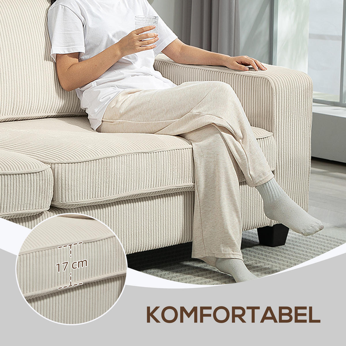 3-SITZER Sofa mit Cordbezug, Wohnzimmersofa mit Federkern, bis 400 kg, Cremeweiß - Creme/Schwarz, Kunststoff/Textil (84/87/227cm) - HOMCOM
