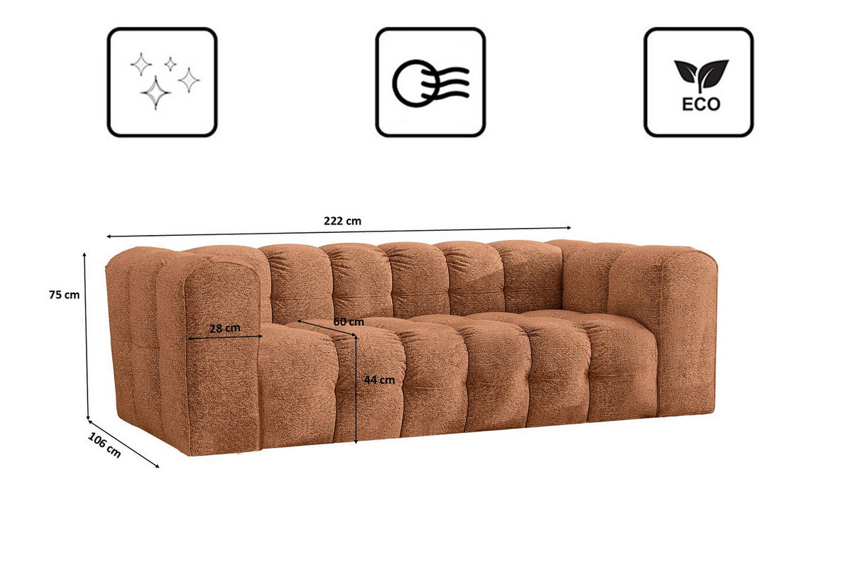 SOFA 3-Sitzer, Komfort, BALOO, Stoff Schenille & Bouclé, Orange - Orange, Holz (222/75/106cm) - Kaiser Möbel