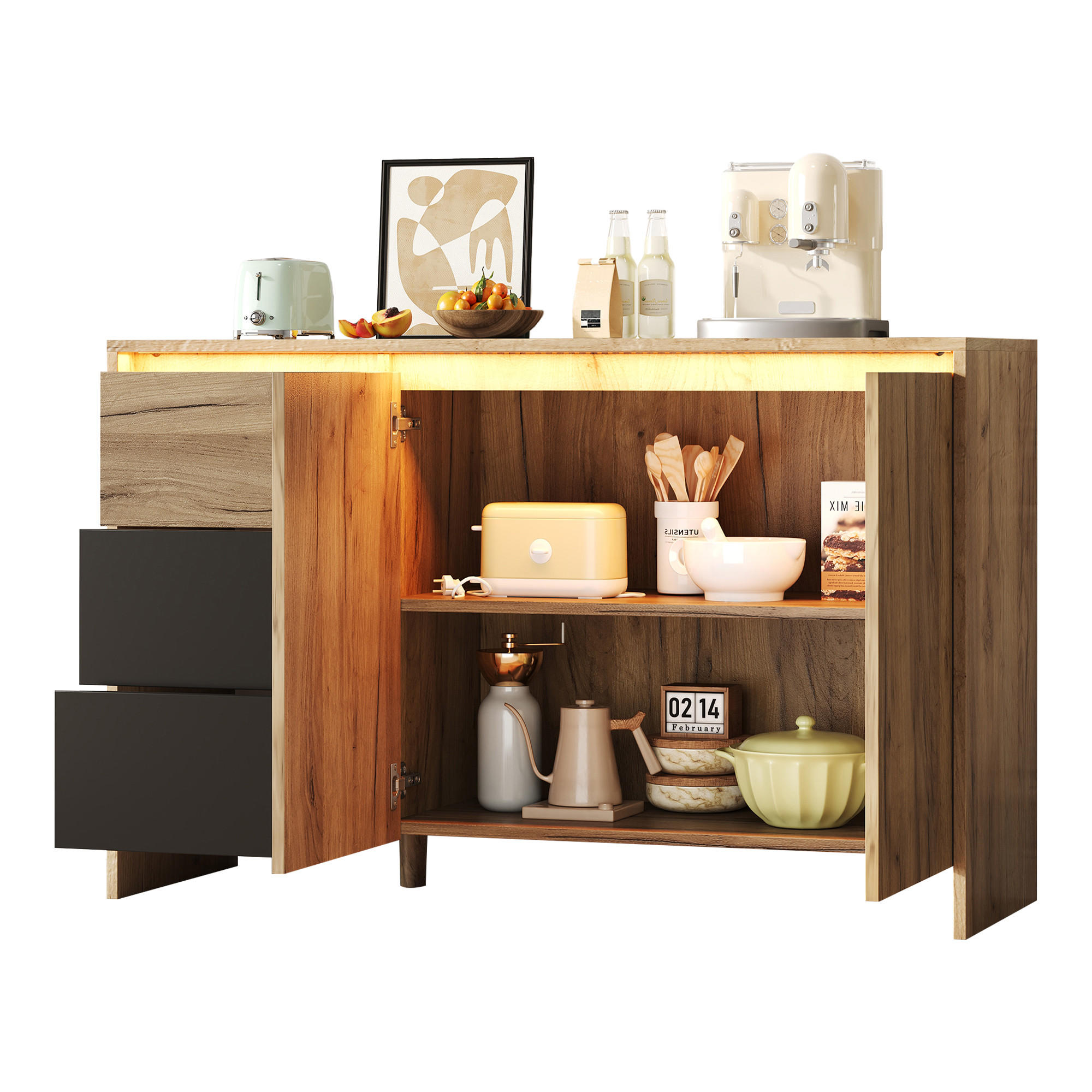 SIDEBOARD Holz Schwarz LED 3 Schubladen 120x40x76cm - Multicolor, Holzwerkstoff (40/76/120cm) - FLIEKS